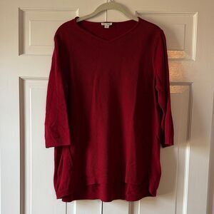 J. JILL RED COTTON A-LINE V-NECK SWEATER 3/4 SLEEVES